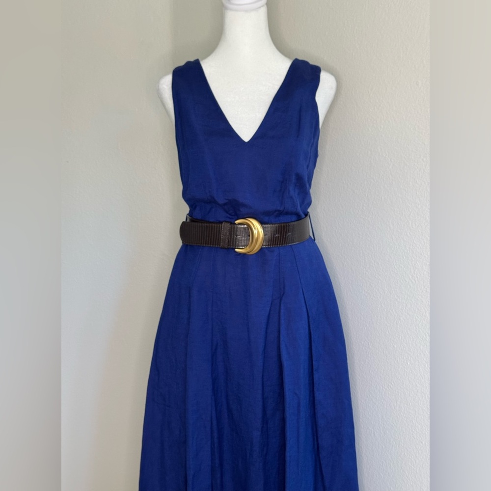 New Donna Karan Women’s V-Neck Sleeveless Belted Linen A-Line Blue Midi Dress - Picture 4 of 7